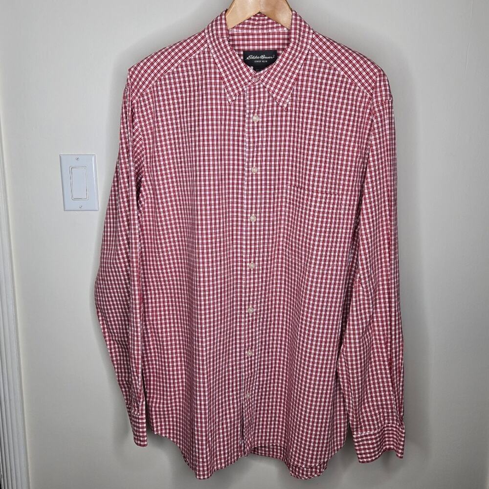EDDIE BAUER Red Checkered Plaid Men's Button Down Long Sleeve Shirt Size L Tall